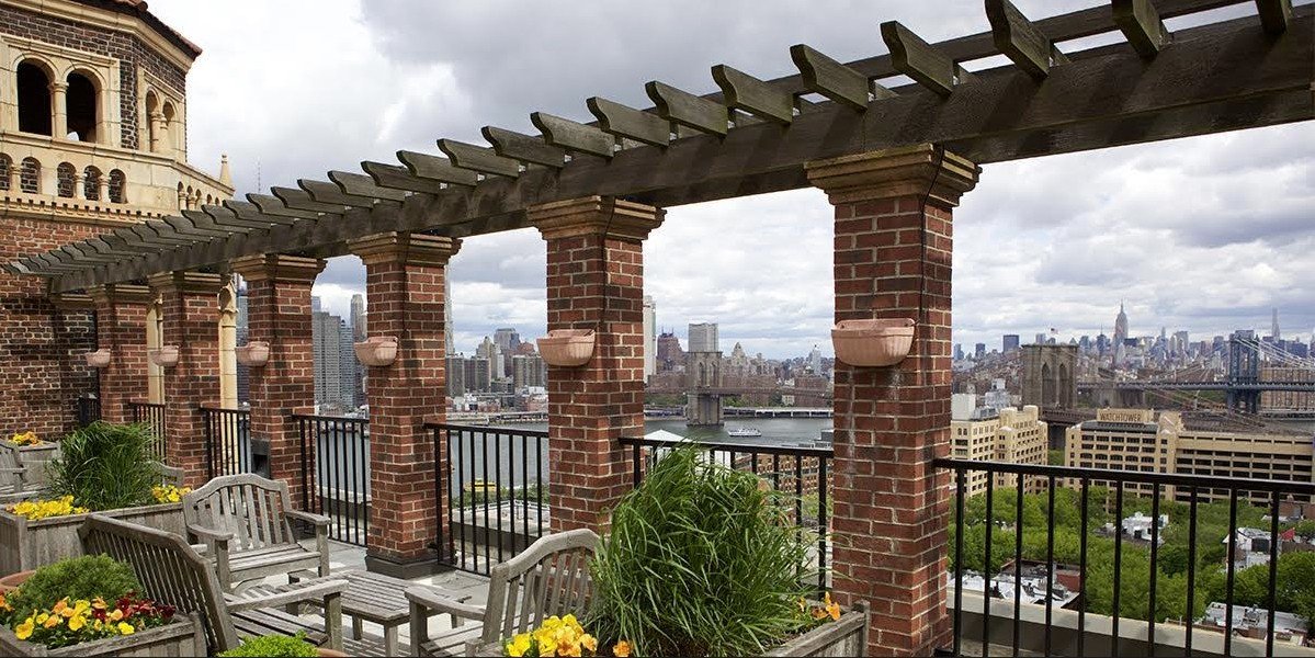 The Towers' rooftop terrace has views of the Brooklyn Bridge and the Manhattan skyline.