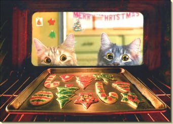 2 Cats Watch Cookies Bake (1 card/1 envelope) - Christmas Card - FRONT: No Text  INSIDE: It's beginning to smell a lot like Christmas! Happy Holidays