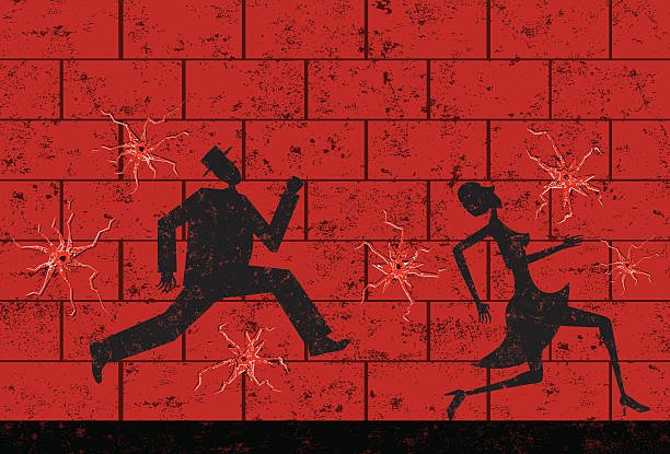 Dodging bullets A man and woman running and dodging bullets. The people and the background are on separate labeled layers. The bullet holes are grouped separately so they can be moved or enlarged. dodge bullets stock illustrations