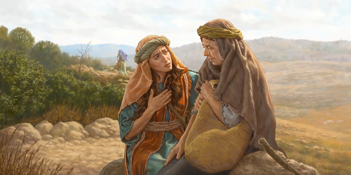 Ruth pleading with Naomi on the road to Israel as Orpah walks back to Moab.