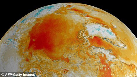 A Nasa thermal satellite image showing the world's arctic surface temperature trends during autumn between 1981 and 2008. Temperatures have increased over the Arctic due to dramatic recent decline in sea ice cover