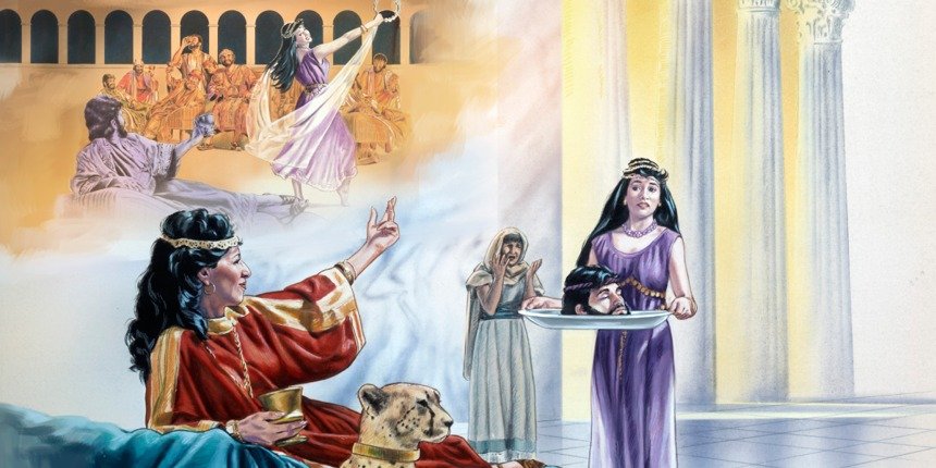 1. Salome dances at Herod’s birthday party; 2. Salome brings the head of John the Baptist to Herodias