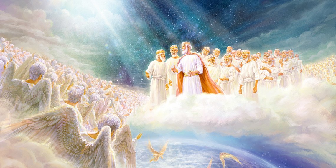 Jesus in the heavens. Next to him stand some of his corulers. Together they look at a vast number of angels. Some angels are going toward the earth to carry out their assignments.