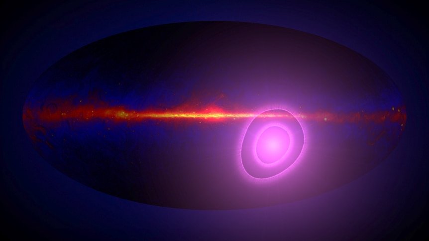 Two purple, concentric circles with a red line passing through it.