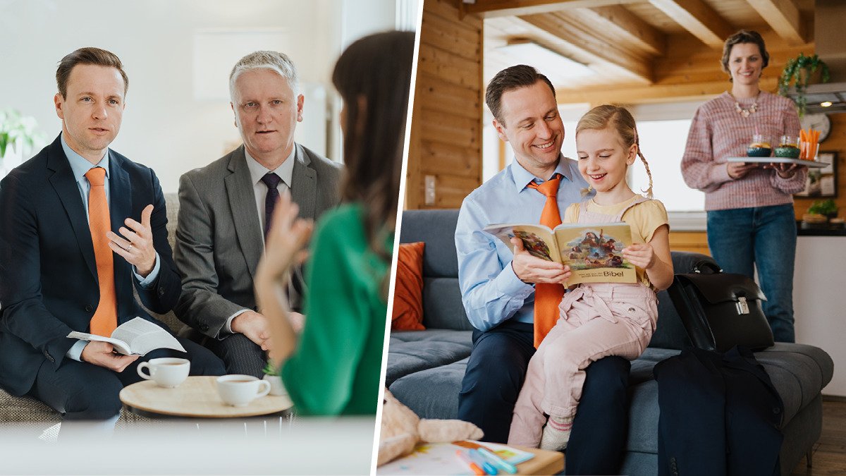 Collage: 1. Two elders visit a sister at her home. 2. Later, one of the elders reads a Bible story to his young daughter while his wife brings them a snack.