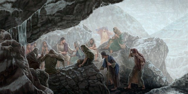 Jesus and his disciples seek shelter from the rain