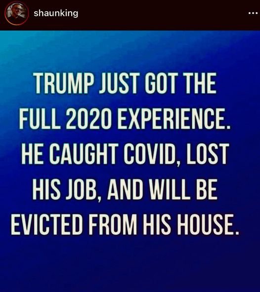 Image may contain: 1 person, text that says 'shaunking … TRUMP JUST GOT THE FULL 2020 EXPERIENCE. He CAUGHT COVID, LOST HIS JOB, AND WILL BE EVICTED FROM HIS HOUSE.'