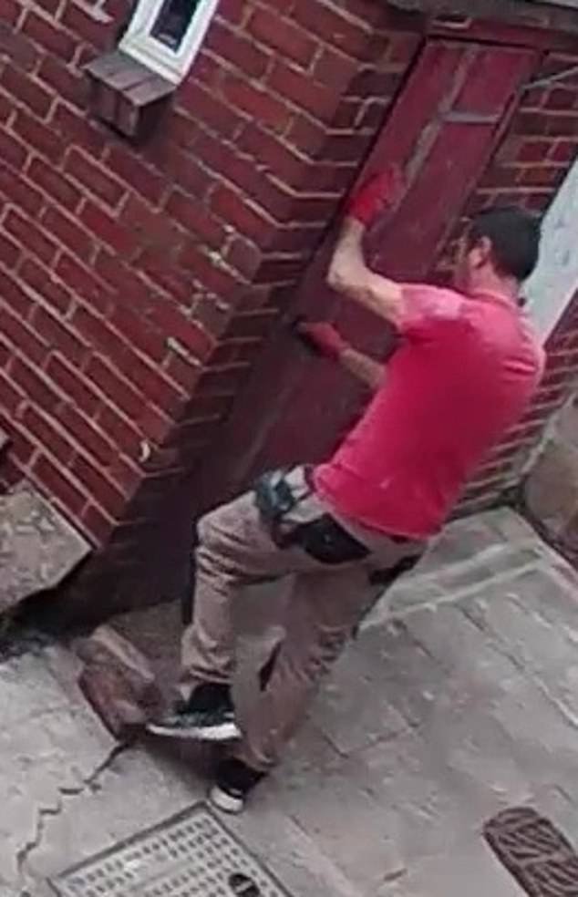 Norgrove is pictured before the crime without blood on his trousers after putting on a pair of gloves
