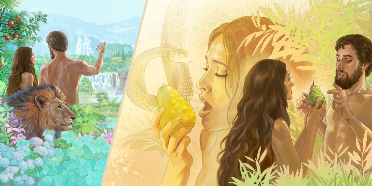 Adam and Eve in the garden of Eden; the serpent speaks to Eve, she eats the fruit, and gives it to Adam