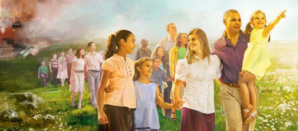 The chosen few being led to the new earth paradise with world destruction behind them