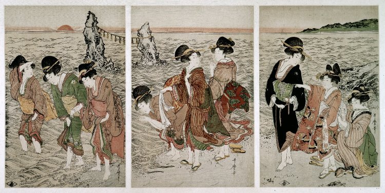 Woodblock, triptych. Seascape. Popular culture. Girls on the seashore at Ise, against a backdrop of the Sacred Rocks at sun-rise. Nishiki-e on paper.